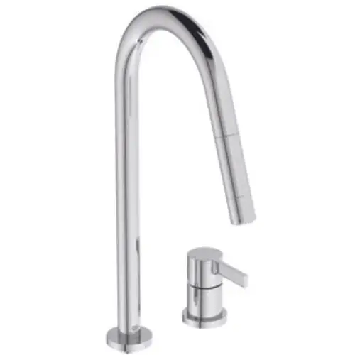 Chromfarbene Küchenarmatur von Ideal Standard mit hohem, gebogenem Auslauf und separatem Bedienhebel zur Wassermischung.